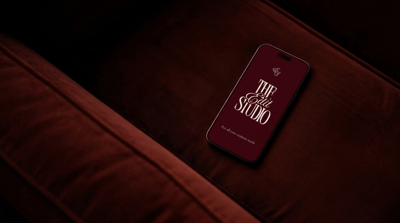 The Edit Studio brand mark on a phone resting on oxblood velvet